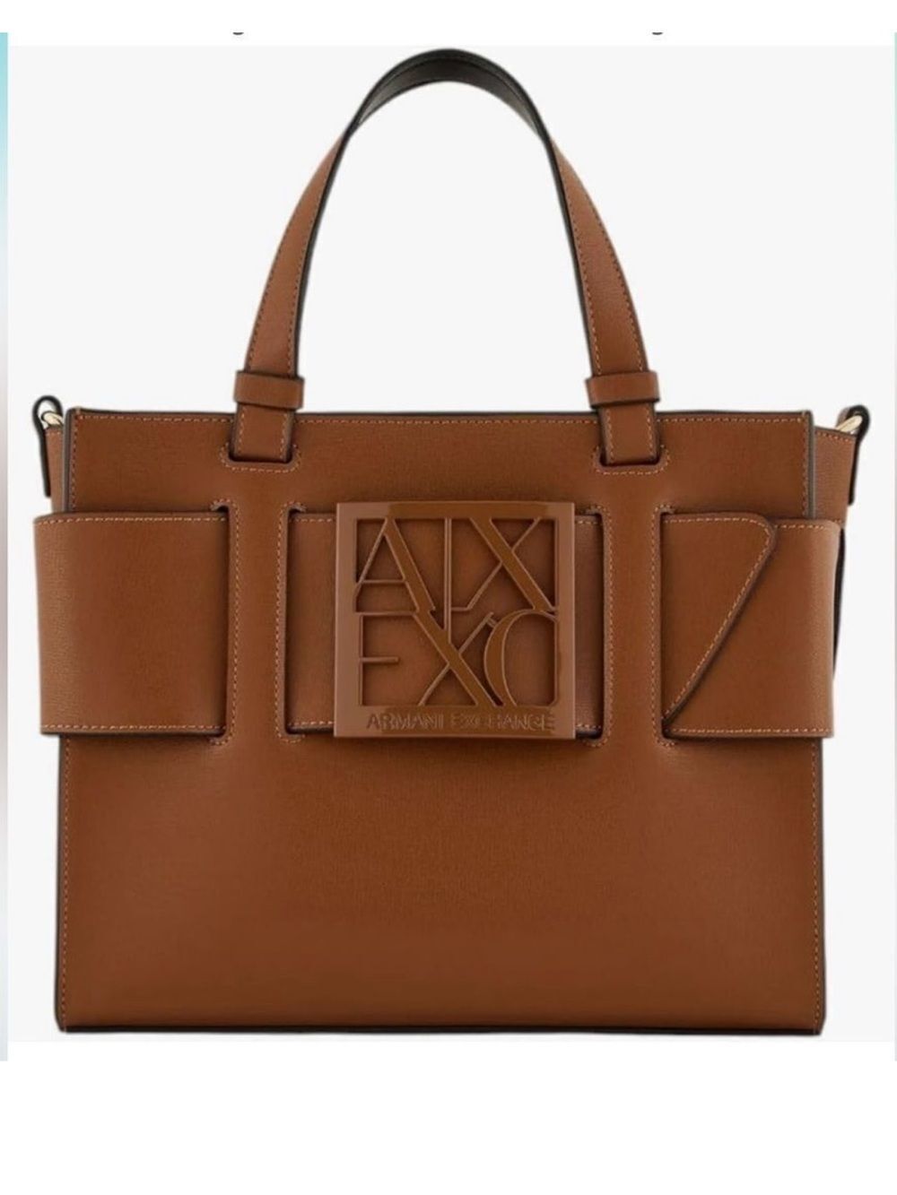 A/X Whiskey Brown Medium Faux Leather Tote with Central Logo Crossbody Strap